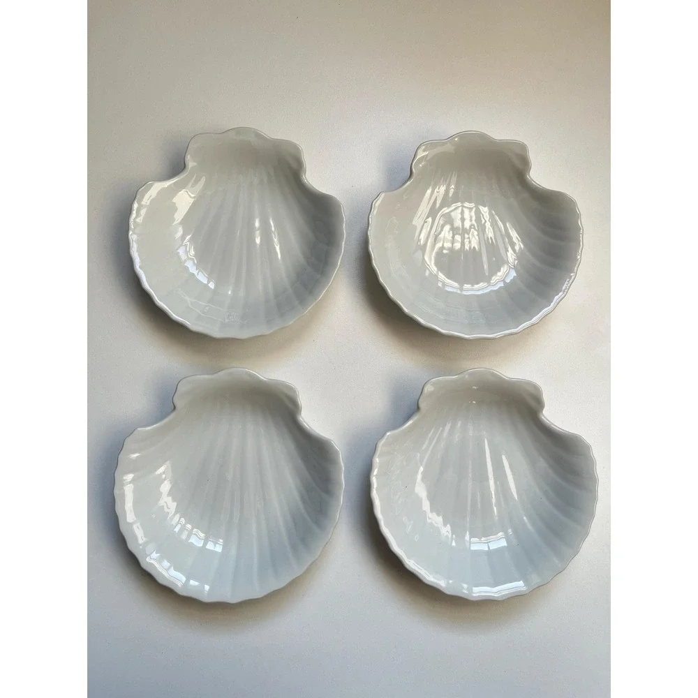 Set of 4 Clam scallop shell porcelain dishes Coastal